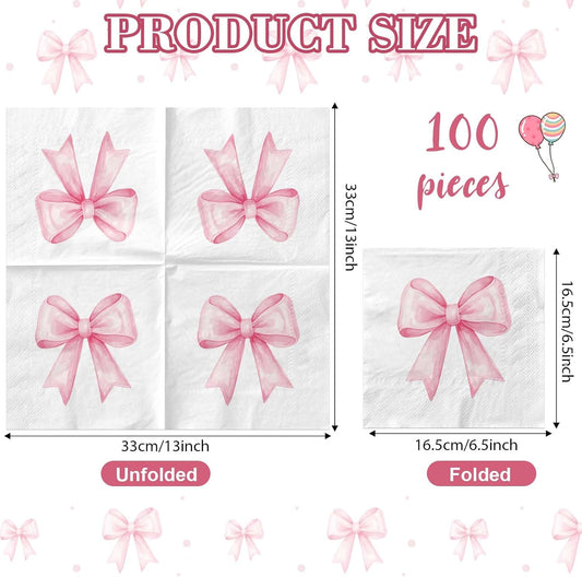 100Pcs Pink Bow Napkins Decorative Bow Coquette Napkins for Bachelorette Bridal Wedding Baby Shower Tea Party Decoration Supplies