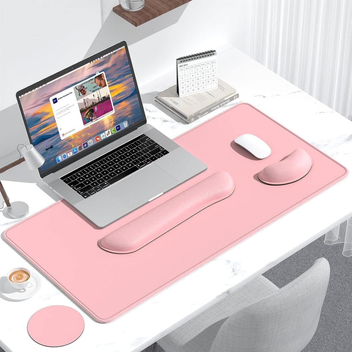 Keyboard Wrist Rest Mouse Pad Set, 4Pcs Extended Large XXL Gaming Mousepad + Mouse Wrist Cushion + Memory Foam Keyboard Wrist Support + Cup Coaster, Pink 31.5x15.7in Desk Pad for Home Office