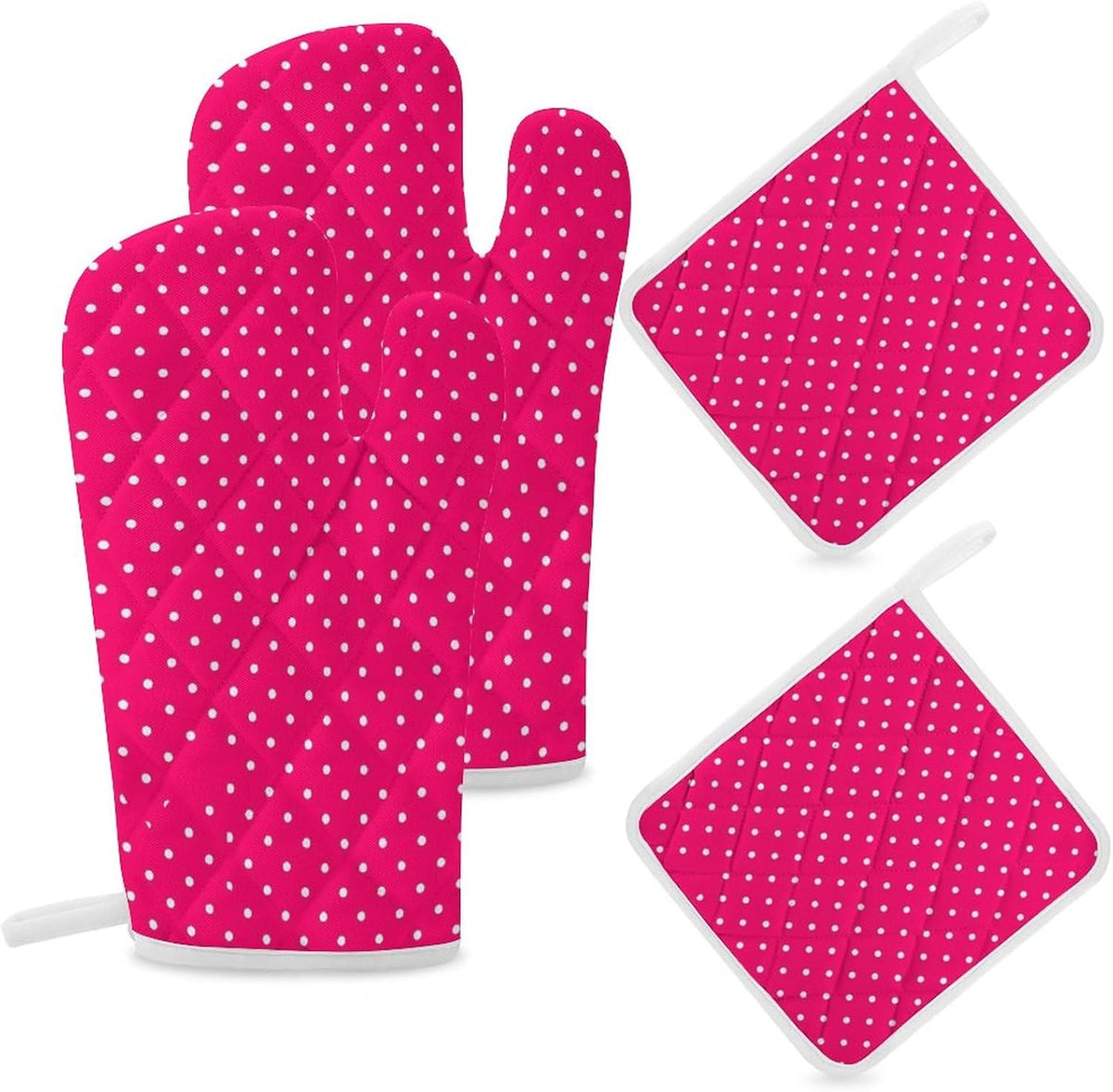 4Pcs Oven Mitts and Potholders, Stylish Pink Polka Dot Oven Mitts Gloves Set Heat Resistant Hot Pads for Kitchen Cooking Grill