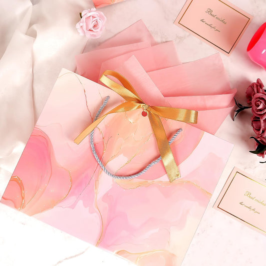 Pink Gift Bags, 2PCS 13” Large Gift Bags with Tissue Paper and Greeting Cards, Gift Bag with Handles Bow for Women Girls, Pink Gift Bags for Birthday Wedding Bridal Baby Shower Anniversaries