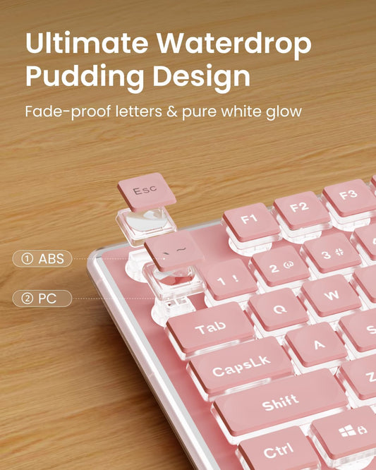 Wired Keyboard with White Backlight Pudding Keycaps, Full Size, Pink