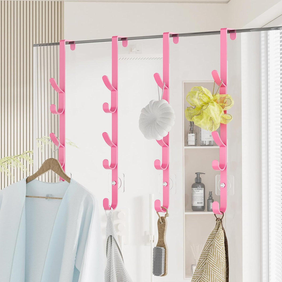 Over the Door Hooks, Metal Door Hooks for Hanging, Over the Door Purse Organizer for Coat Hanger, Back of Shower Door for Hanging Towel Rack Clothes, Hat, Bathroom, Closet (Pink-4Packs)