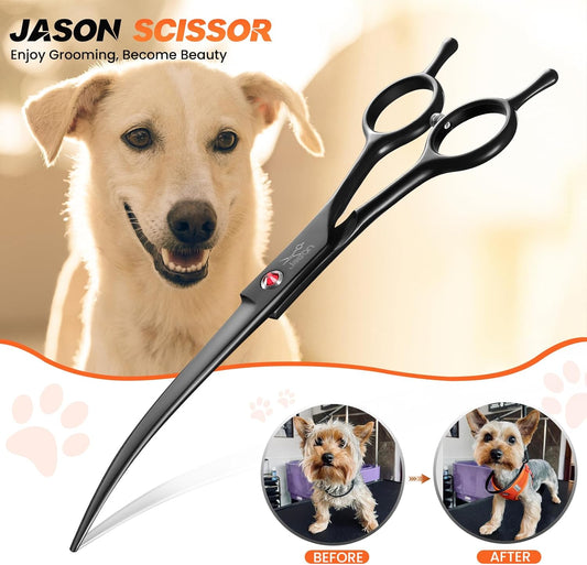 JASON 7" Dog Grooming Scissor - Professional Down-curved Shear with Ergonomic Handle Japanese Stainless Steel Hair Scissor for Dogs, Cats and Other Pets, Sharp (Down-curved, Black) Christmas Gift