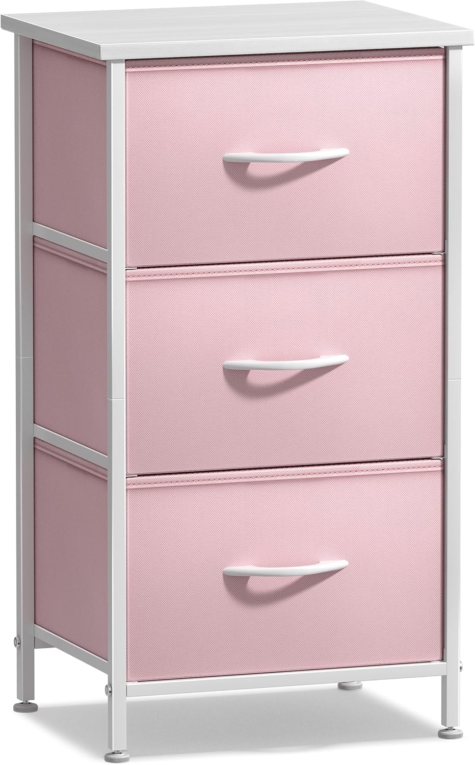 Nightstand with 3 Drawers - Bedside Furniture & Accent End Table Chest for Home, Bedroom Accessories, Office, College Dorm, Steel Frame, Wood Top, Pastel Fabric Bins (Pink)
