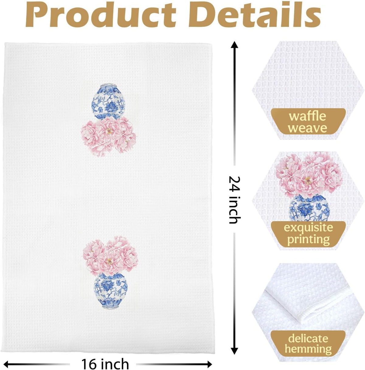 Chinoiserie Western Kitchen Towels Set - Preppy Coquette Cowgirl Waffle Decorative Dish Towels, Coquette Bow Cowgirl Boots Hand Towel, Pink Hydrangea Tea Towel, 16x24 Inches Set of 4