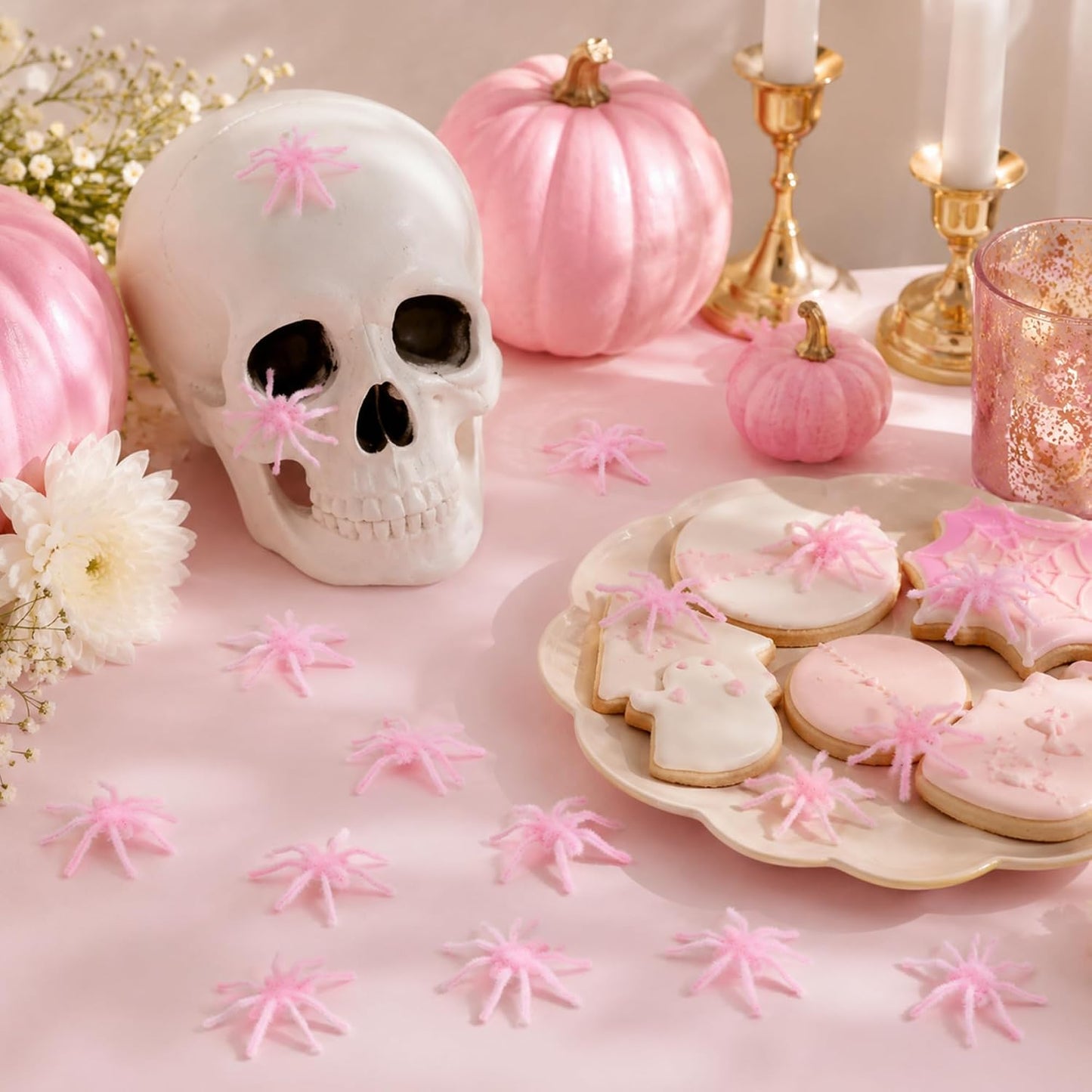 40 Pcs Halloween Mini Fuzzy Spider,Pink Flocking Fake Spiders