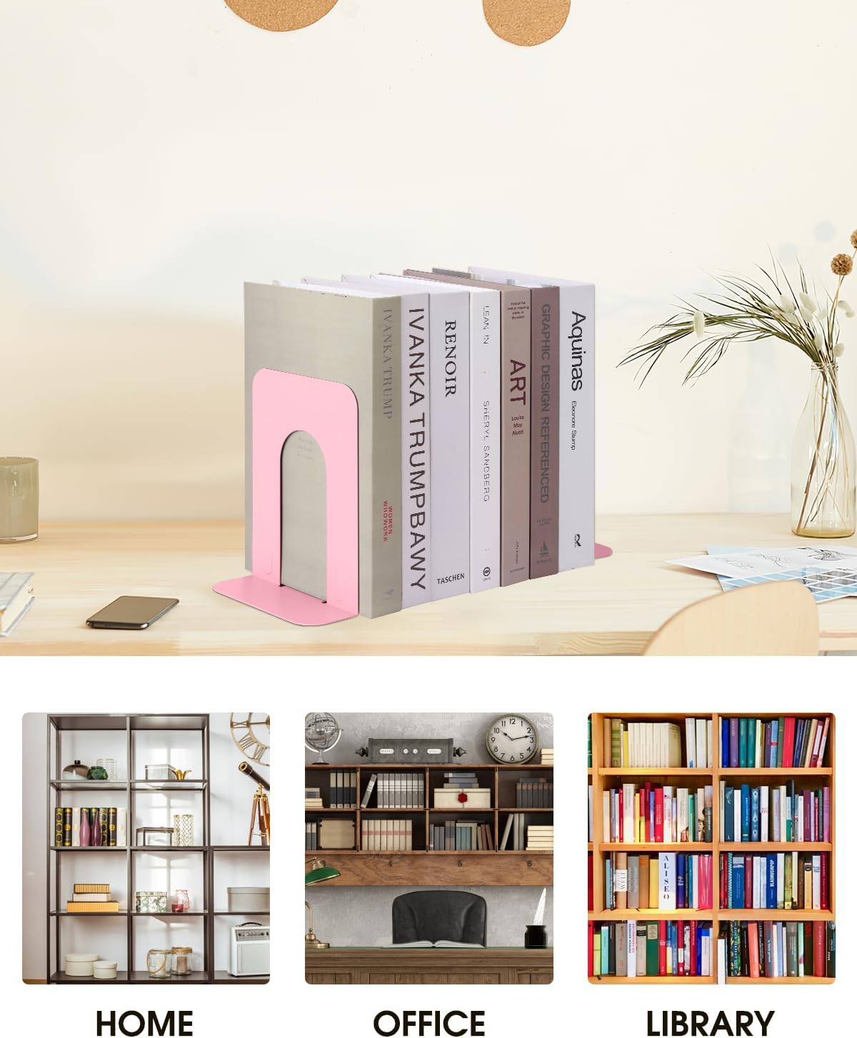Honagu Bookends, Metal Book Ends, Bookends for Shelves, Book Holder Stopper for Heavy Books/CDs/DVDs (1 Pair/2 Pieces, Pink)