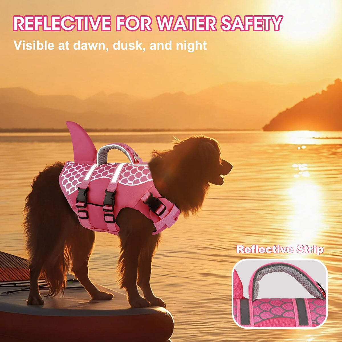 Dog Life Jacket Shark, Neoprene Harness Dog Life Vest with Lift Handle, Reflective Adjustable Pet Swim Float Vest for Small Medium Large Dogs - Pink Scales, XS