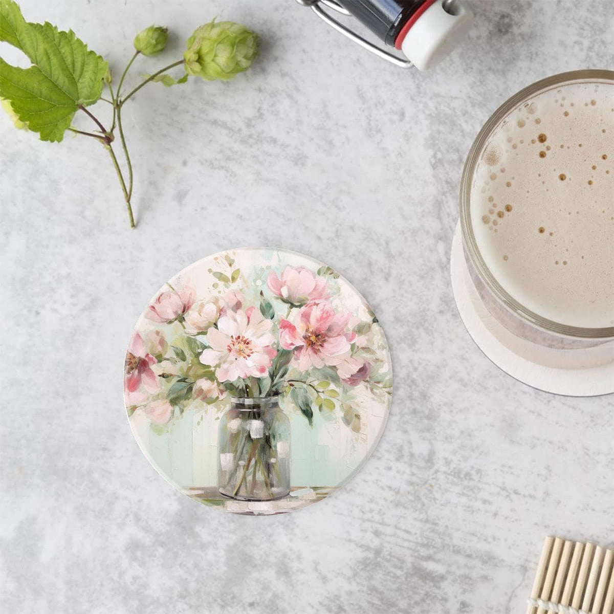 Ceramic Drink Coasters with Holder,Blooming Pink Flowers in A Vase Oil Painting Designs Water Absorbent Marble Tabletop Protection (Cork Base),Set of 6,Suitable for Various Mugs,Home Decor,4 Inch