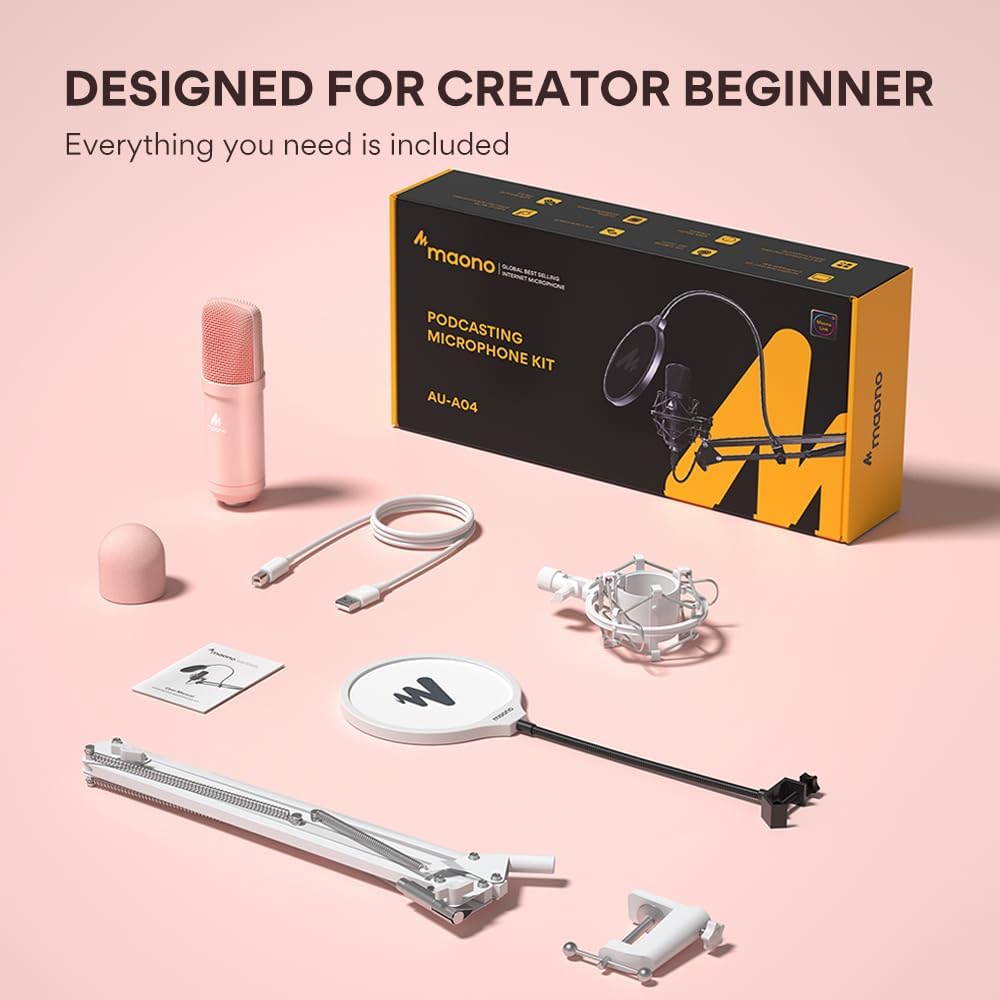 A04 Pink USB Microphone, 192kHz/24Bit Condenser Mic for PC Podcast