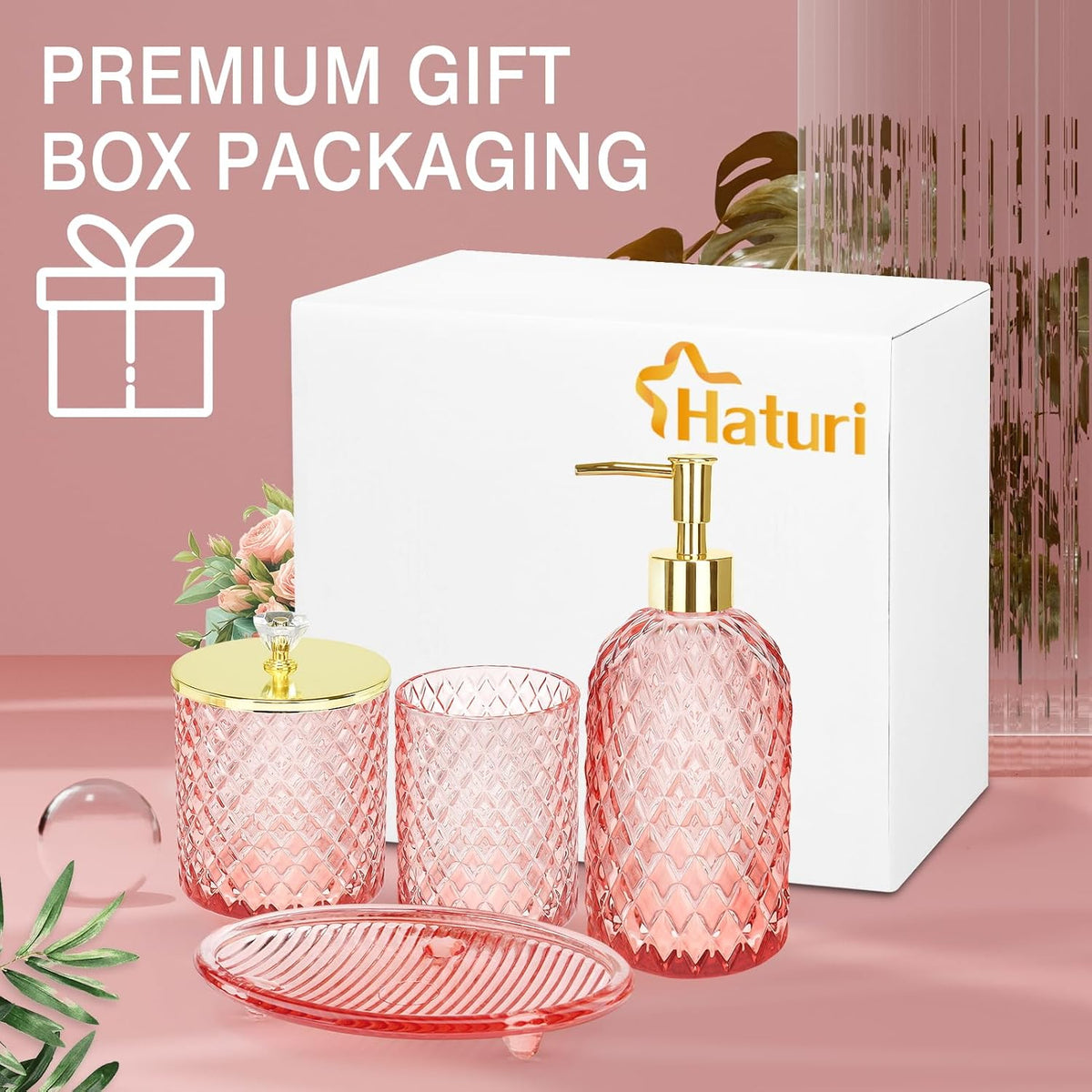 Glass Bathroom Accessories Set, Light Pink Bathroom Set, 4 Pcs