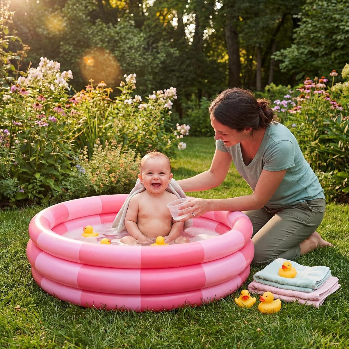 4 Pack Inflatable Kiddie Pool for Kid, Pink Stripe, 34 x 10 Inch