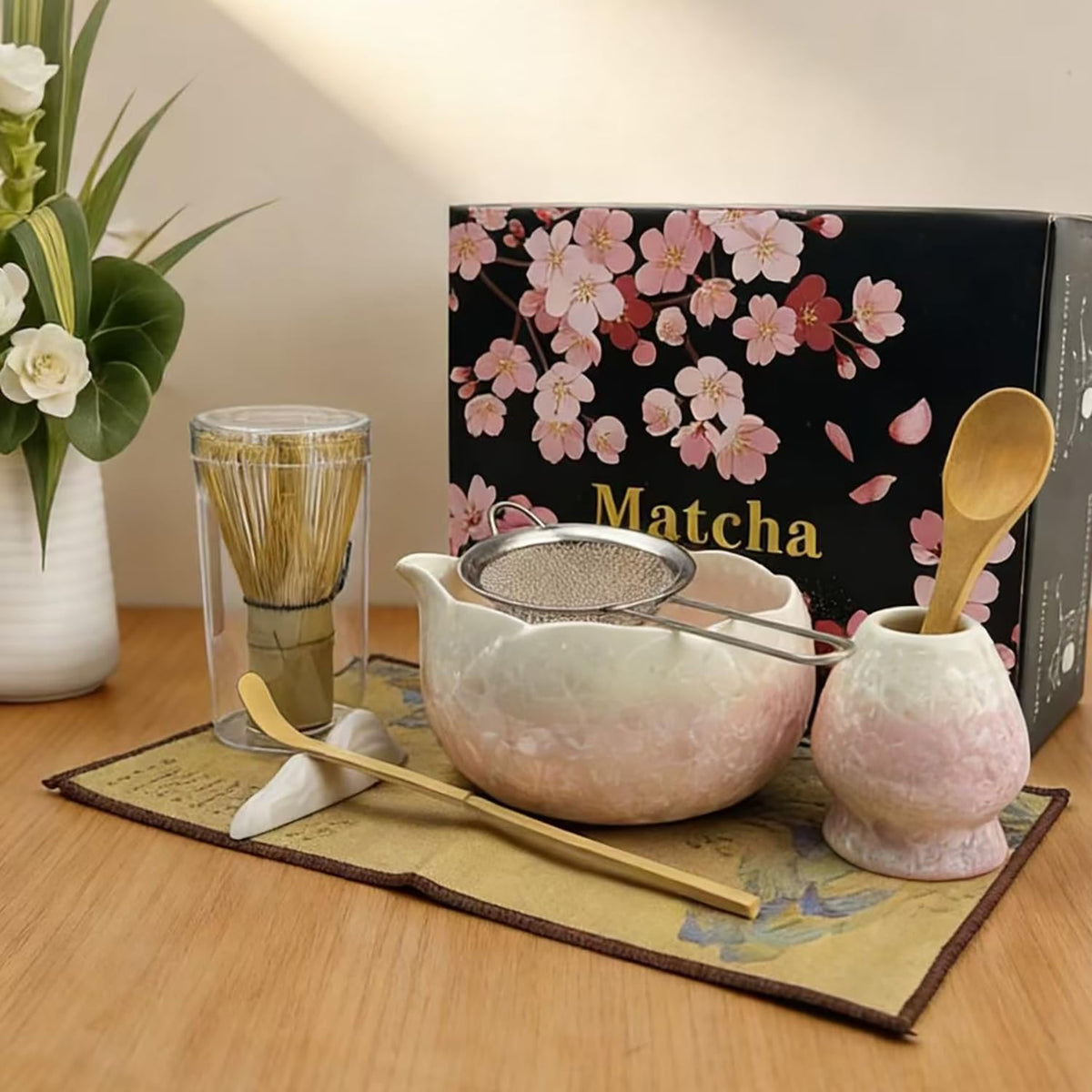 Matcha Whisk Set, Ceramic Matcha Set, Matcha Bowl with Spout and Whisk,8 pcs Matcha Tea Kit for Matcha Lovers, Ideal Gift Christmas, Birthday (Pink)