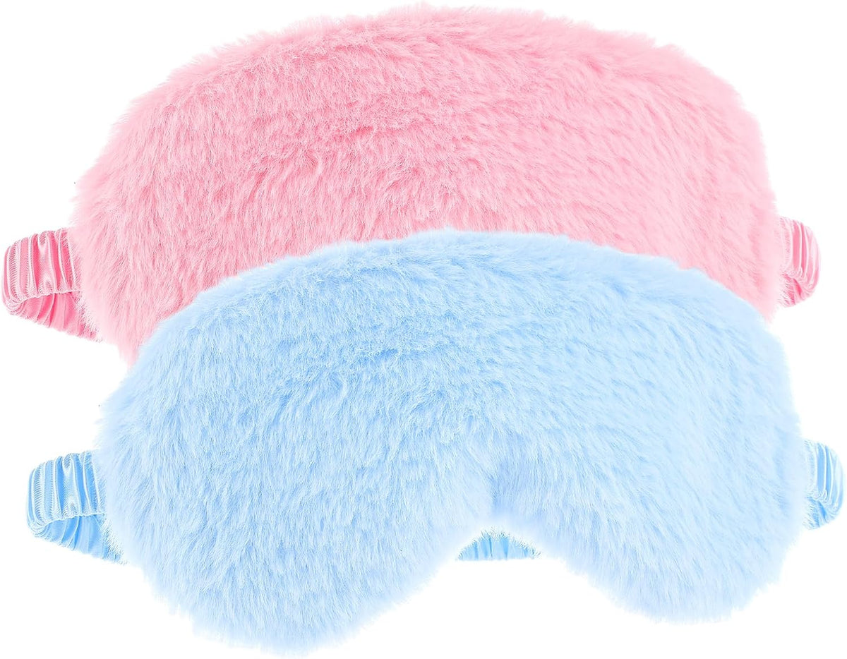 2 Pcs Plush Eye Mask Soft Sleeping Blindfold Eye Cover Comfortable Furry Faux Fur Sleeping Mask Satin Nap Night Eyeshade Cover for Women Men Gift (Blue, Pink)
