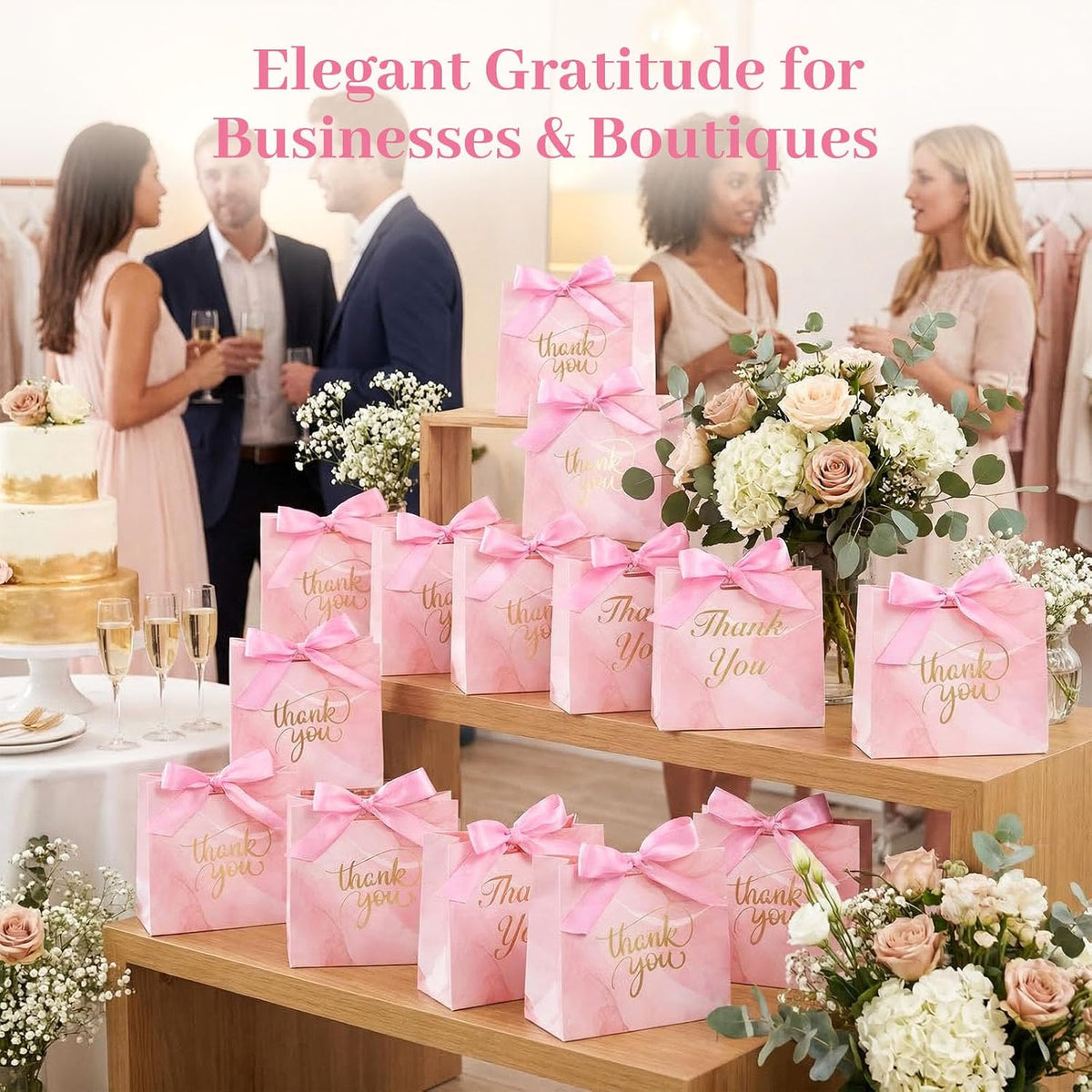 24PCS Thank You Gift Bags, 4.5x3.9x1.8Inches Mini Party Favor Bags Pink Treat Boxes with Bow Ribbon for Wedding Bridal Baby Shower Birthday Party