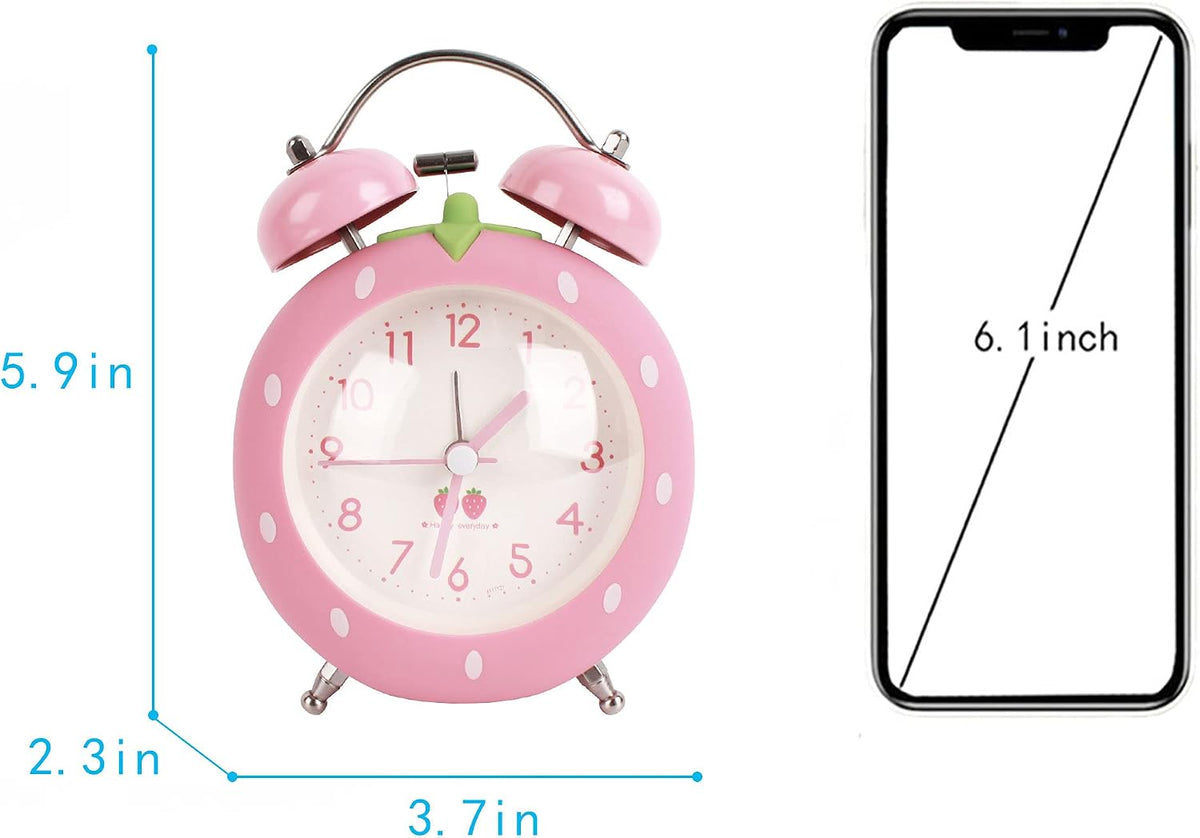4 inches Twin Bell Alarm Clock Strawberry,Backlight,Battery Operated,Non Ticking,Analog Loud Alarm Clock for Bedroom,Bedside,Desk,Pink, One Size