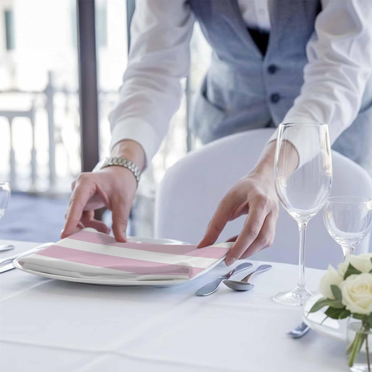 Light Pink Striped Cloth Napkins Set of 4 Modern Stripe Simple Style Abstract Soft Washable Square Dinner Napkins for Party Wedding Restaurant Hotel Cocktail 20x20 Inch
