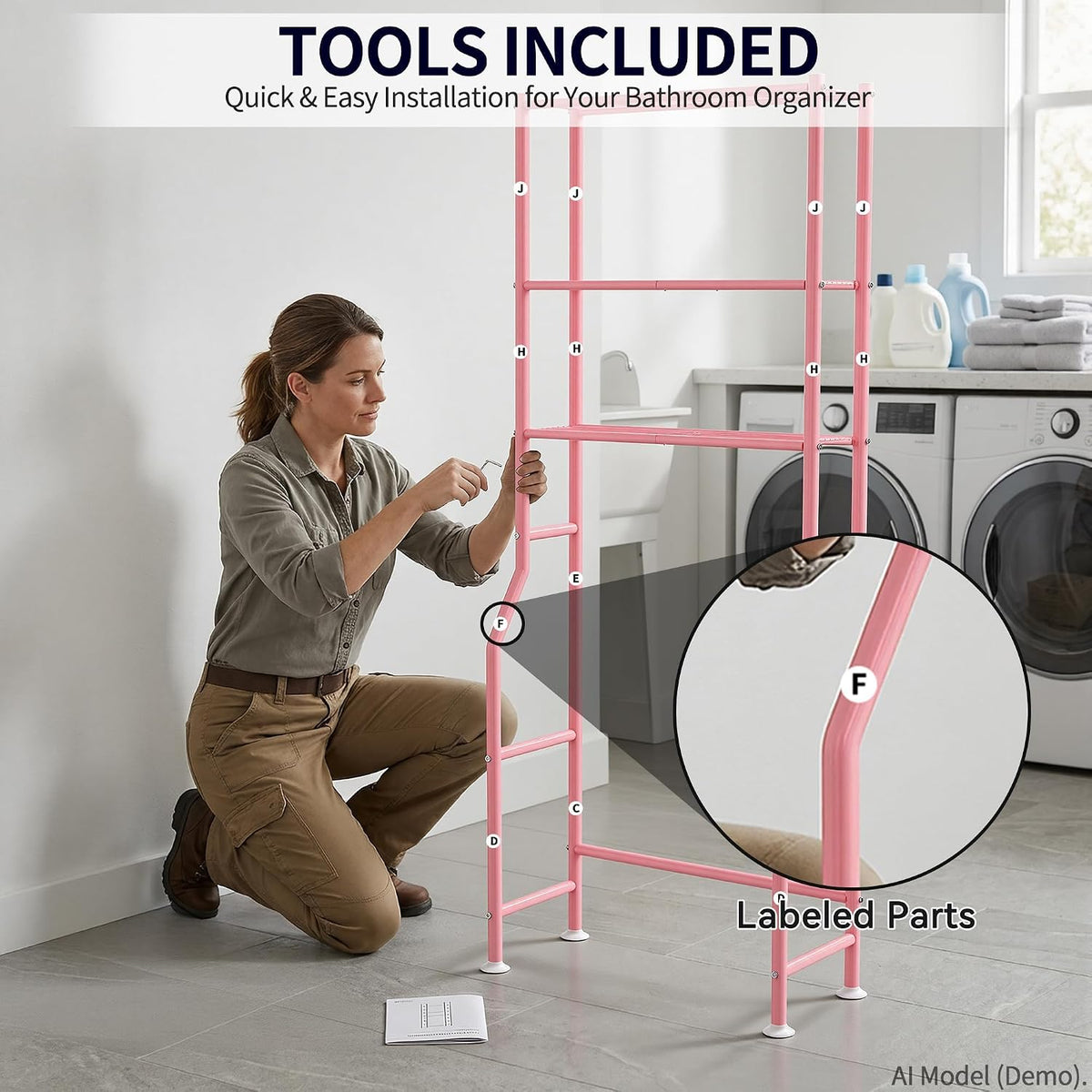 3-Tier Over Toilet Storage, Anti-Tip, 64" H, Pink