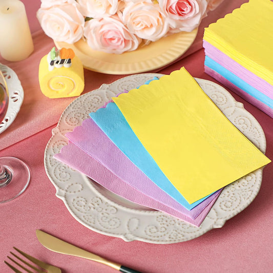 Cholemy 200 Pcs Scalloped Guest Napkin Pastel Colors Cocktail Disposable Hand Towels for Bathroom Guests Towel 2 Ply Paper Napkin for Baby Shower Bathroom Wedding Birthday Bridal(Colorful)
