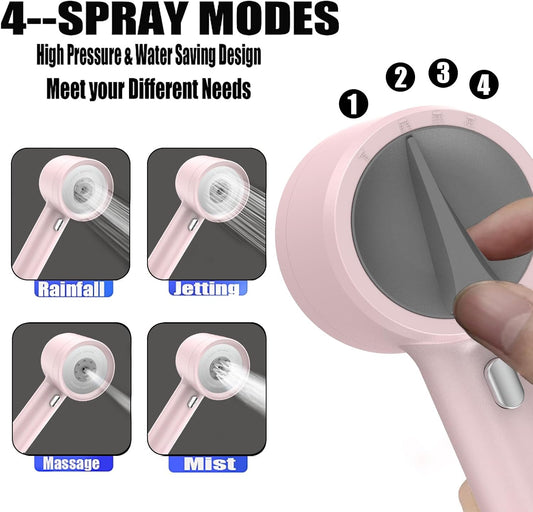 High Pressure Shower Head with Handheld, with Pause Switch 4 Spray Modes Water Saving Showerhead,Showerhead Set with Hose, Bracket and Cotton Filter, (pink)