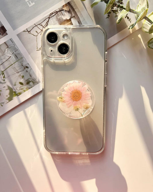 Pressed Pink Daisy Flowers Phone Grip Holder, Expandible Collapsible Transparent Cell Phone Accessory, Dried Natural Flowers Phone Stand, Phone Charms Tablet Support