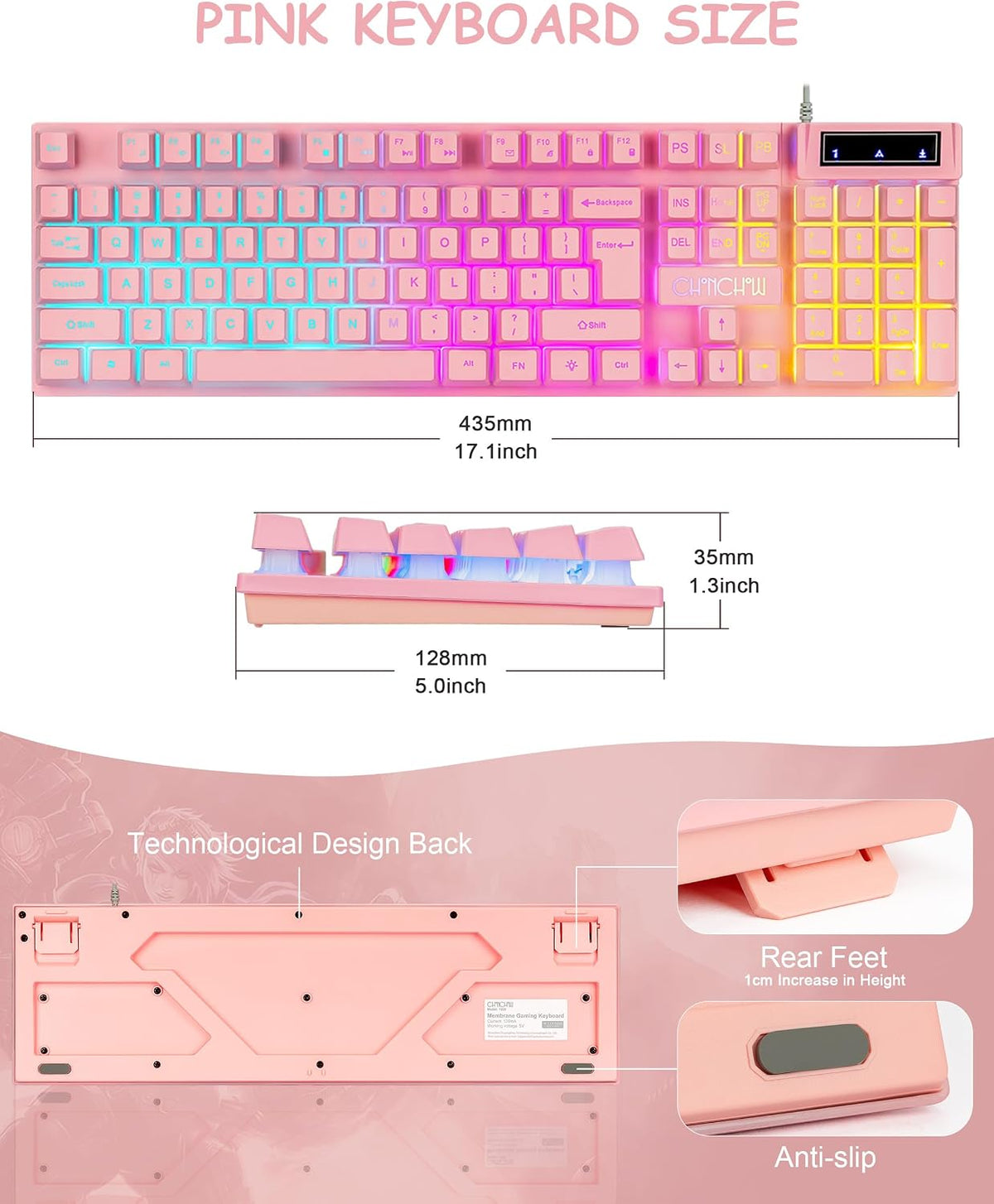 Light Up Cute Pink Gaming Keyboard, 3 Color LED Backlit for PC Computer PS5