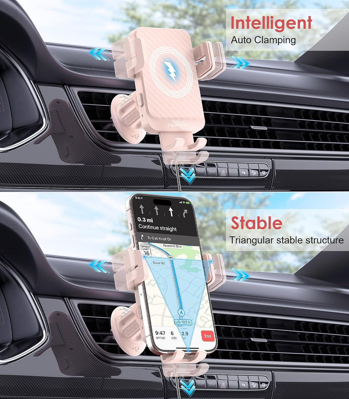 Wireless Car Charger 15W Fast Charging Auto-Clamping Air Vent Phone Mount
