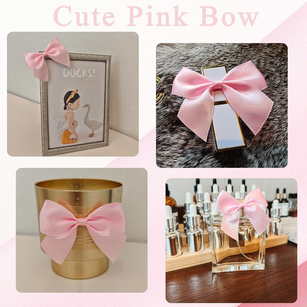 50PCS Mini Pink Bows for Gift Wrapping, 2.5 Inch Pink Satin Ribbon Bows Light Pink Twist Tie Bows with Double - Sided Tape for Treat Bags Pretied Bows for Baby Shower Wedding Decorations