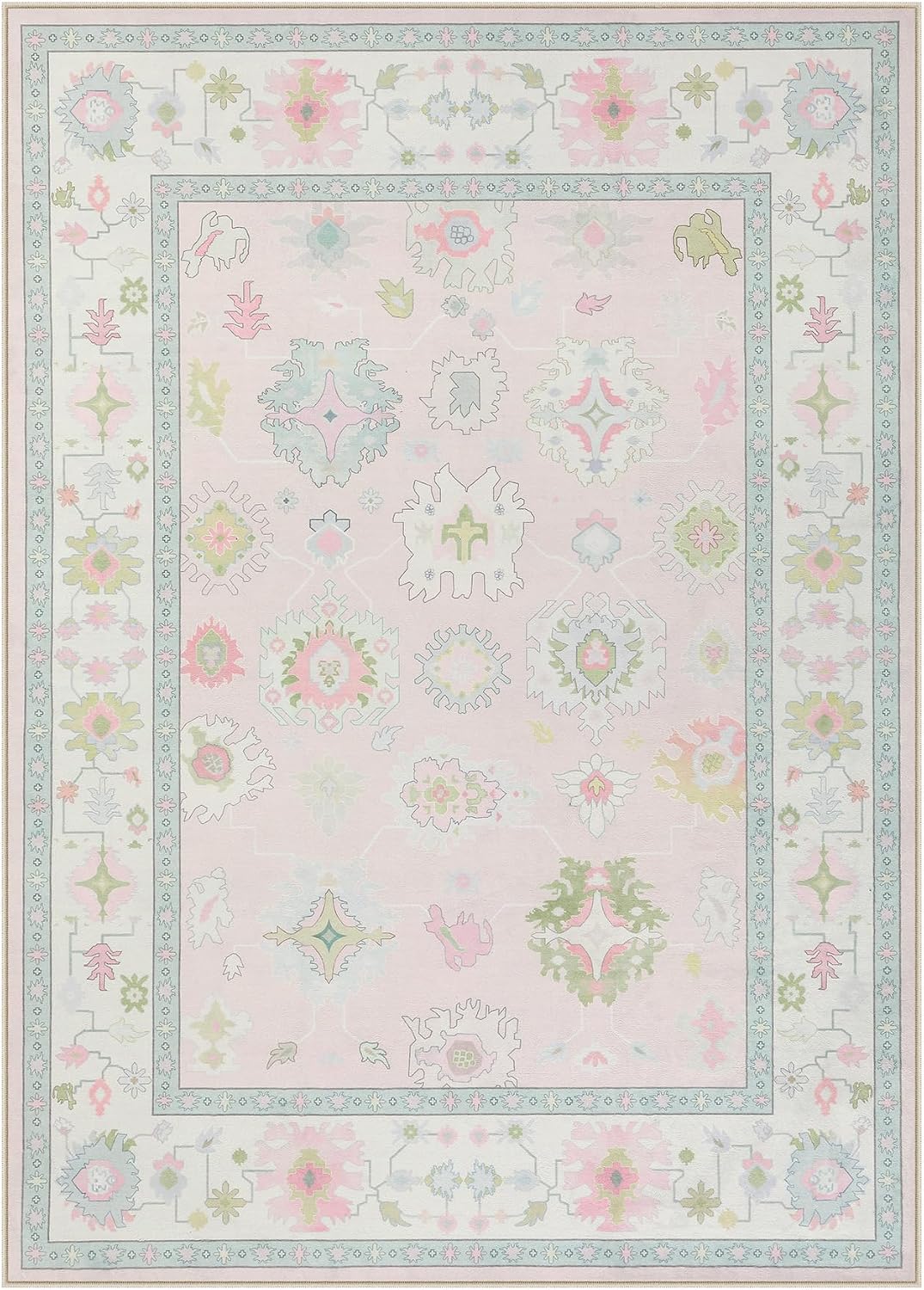 Boho Oushak 5x7 Washable Area Rug for Girls Bedroom, Soft Pastel Pink Nursery Rug Living Room, Oriental Floral Non-Slip Ultra Thin Indoor Carpet for Dorm Kids Playroom