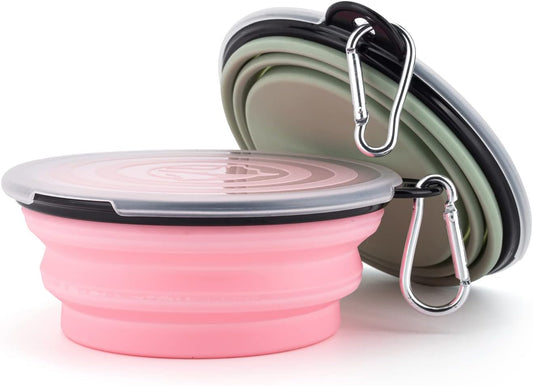 Collapsible Pet Feeder, 2 Pack Dog Bowls with Cover Lids, Portable Foldable Cat Water Dish Bowl for Pets, Small, Fairy Pink and Sprout Green
