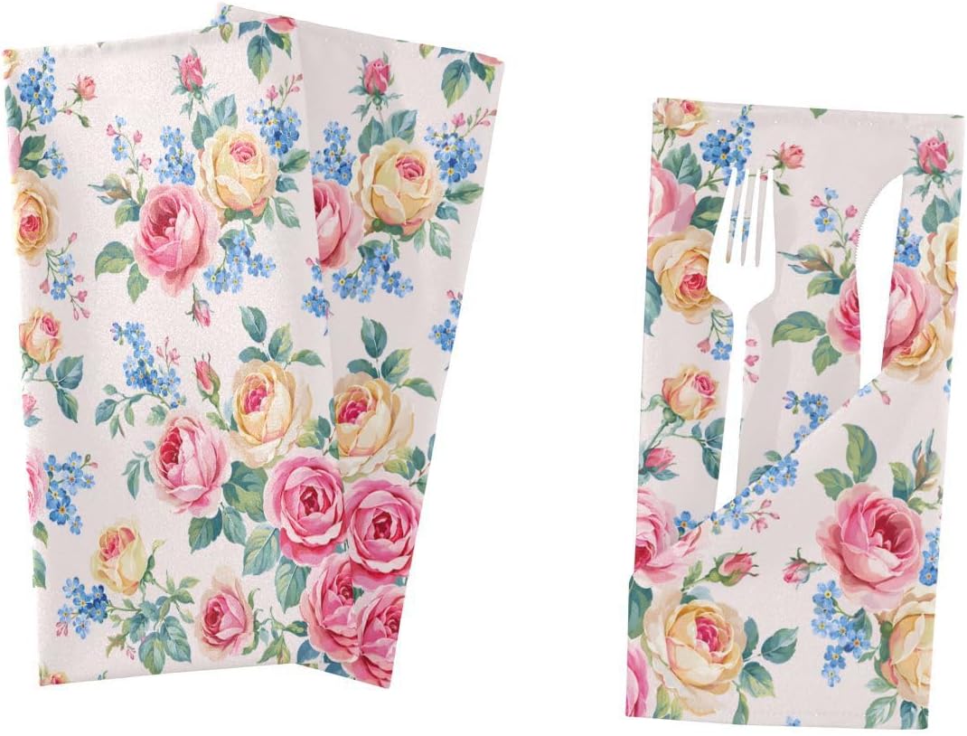 ALAZA Pink Rose & Blue Flower Floral Cloth Napkins Dinner Napkins Set of 6,Reusable Table Napkins Washable Polyester Fabric for Cocktail Party Holiday Wedding Home Decorative