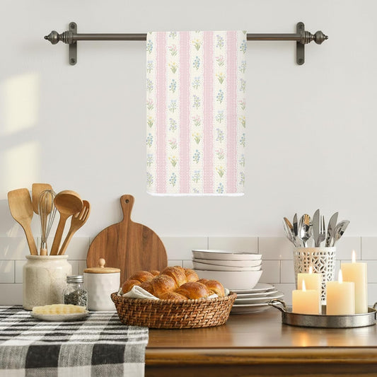Pink Floral Kitchen Towel 16x24 Inches, Vintage Cottage Striped Dish Towel, Soft Absorbent Tea Towel for Spring Farmhouse Home Décor