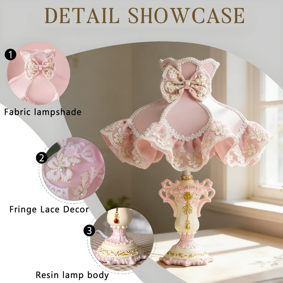 Victorian Style Table Lamp Pink Princess Desk Lamps Handmade Fringe Lace Fabric Shade Traditional Resin Flower Carved Base for Girl's Room Bedroom Office Living Room Reading, D13.7'' X H18.9