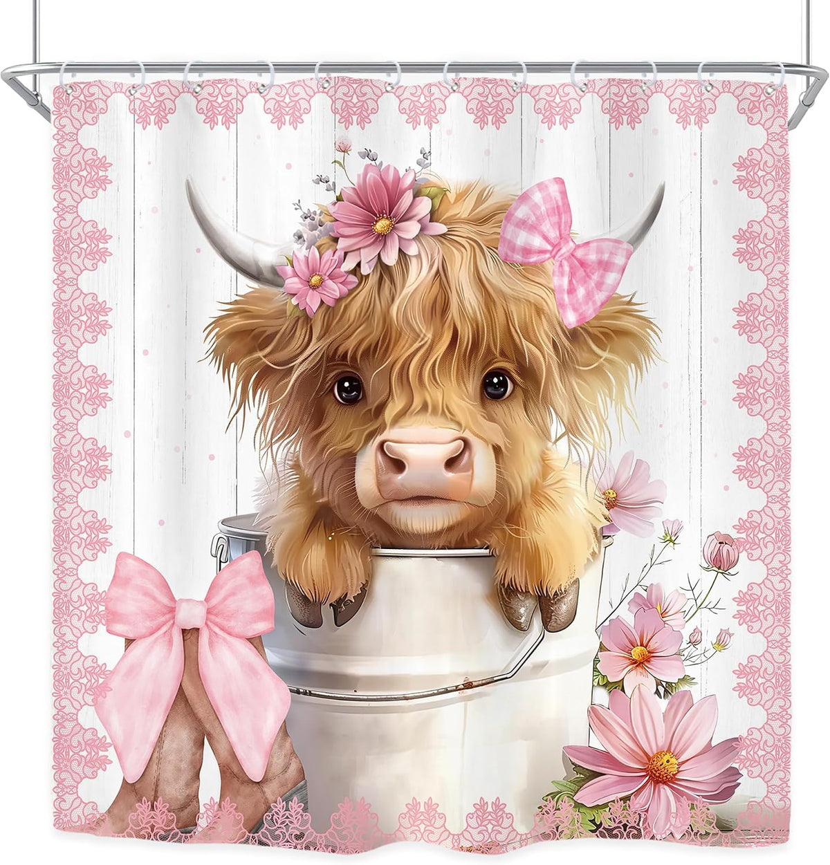 Pink Bow Highland Cow Western Funny Cute Rustic Bathroom Shower Curtain Set