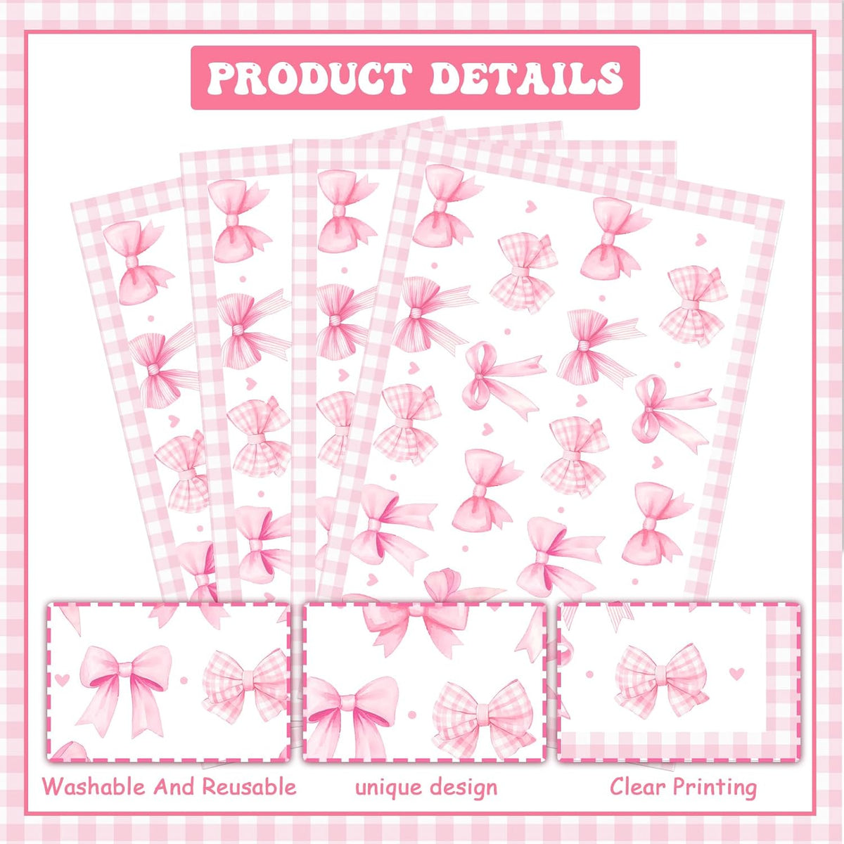 Pink Bow Theme Place Mats Set of 4, Bow Theme Home Decor, Non-Slip Linen Washable Reusable Table Mats for Indoor Outdoor Kitchen Dining Table Home Decorations 12 x 18 Inches