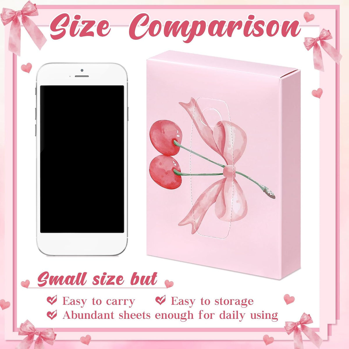 24 Pack Small Facial Tissue Box 2 Ply Pink Bow for Car Desk
