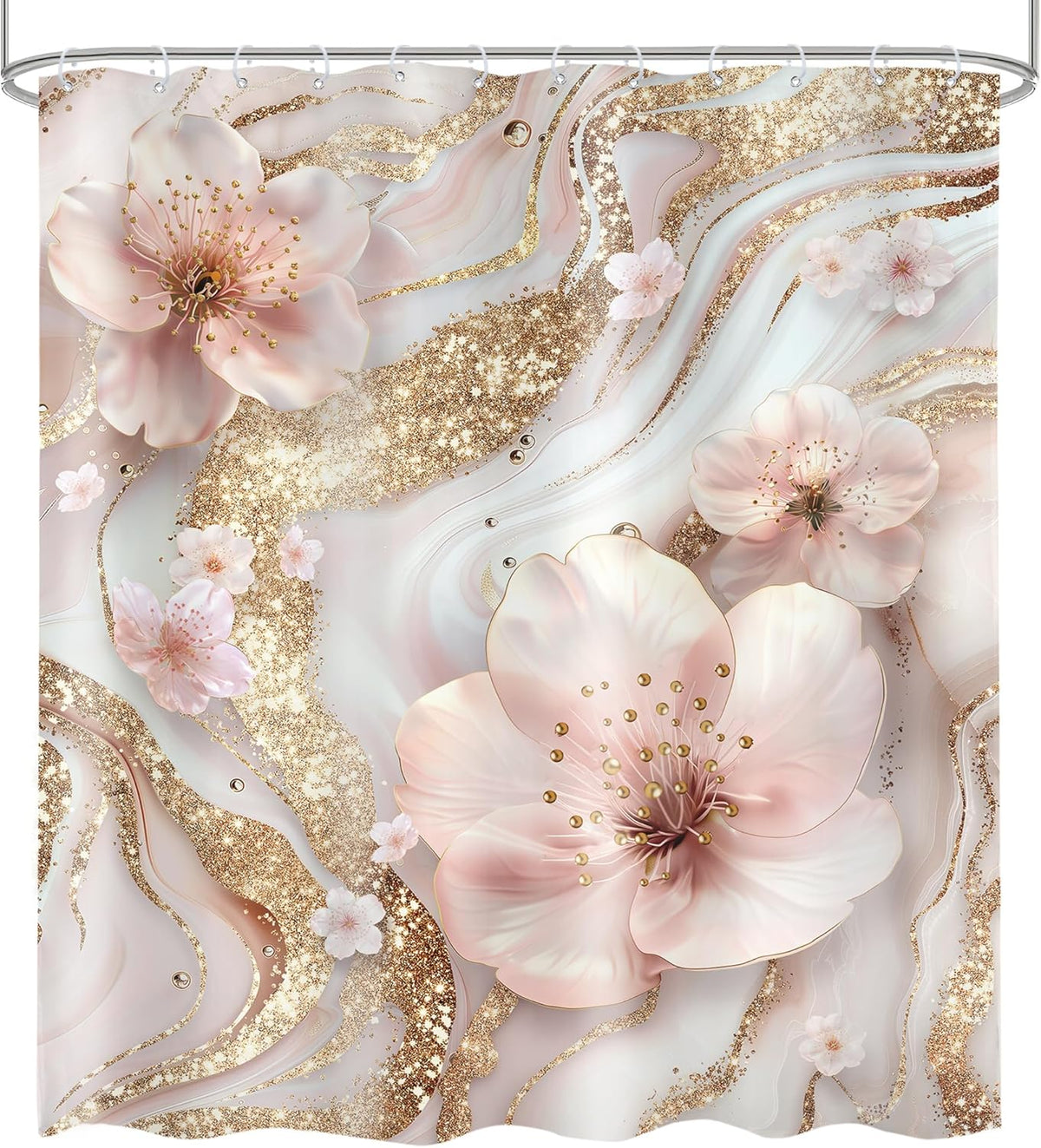 Pink White Marble Shower Curtain Set Modern Cherry Blossom Bathroom Decor