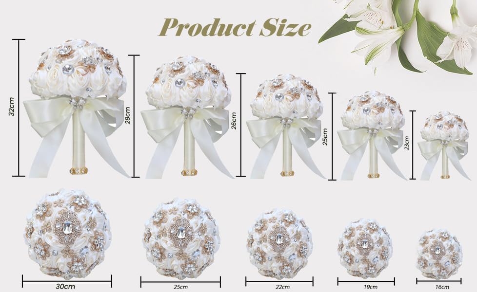 Bridal Wedding Bouquet Handmade Satin Rose Artificial Flower Bouquet for Bride Bridesmaid Holding Toss Round Wedding Bouquets Sparkling Rhinestone Brooch Crystals Blush Pink 8.7"