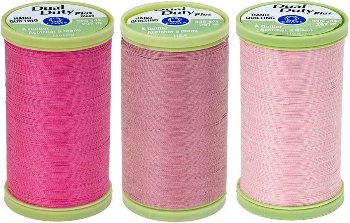 3-Pack Bundle - Dual Duty Plus Hand Quilting Thread - Pretty Pinks Set- Hot Pink, Pink, and Almond Pink. 325 Yards Each.