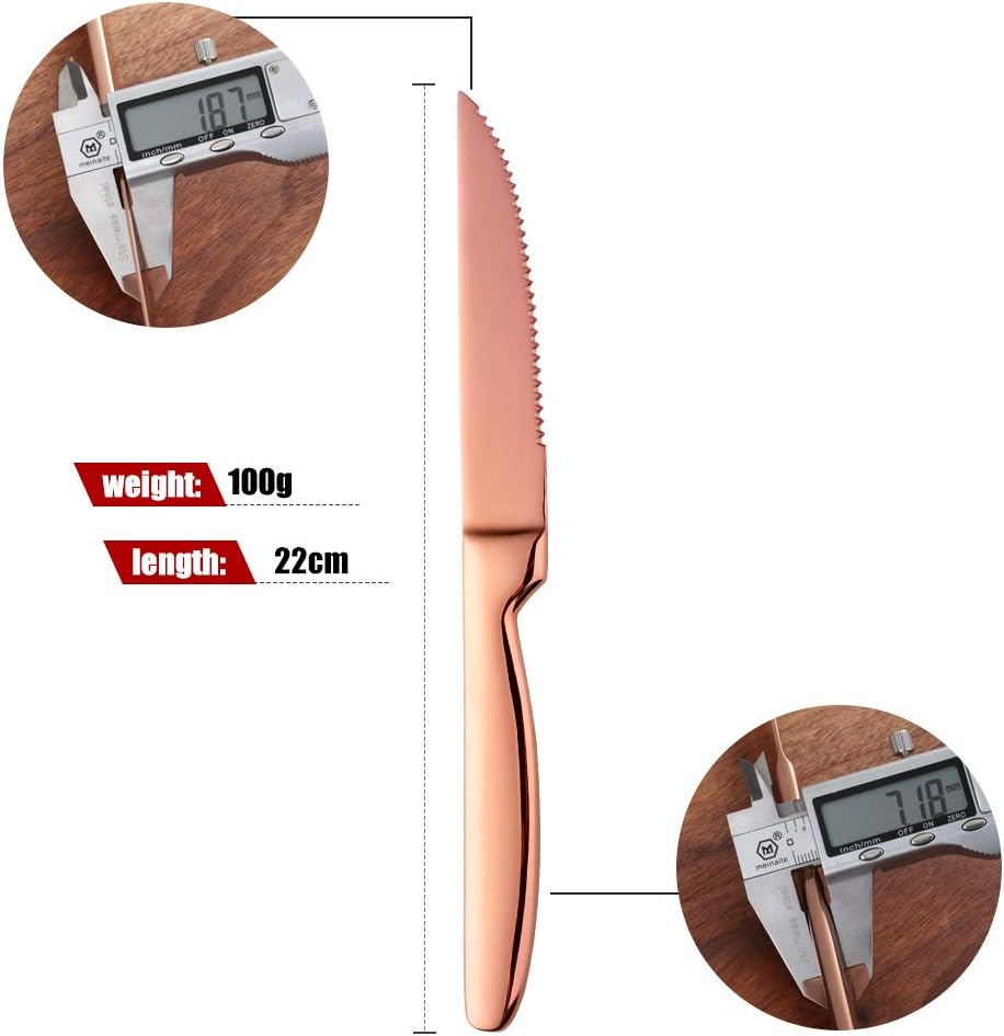 Stainless Steel Serrated Steak Knife Set of 6, Rose Gold Color Heavy Duty Dinner Table Knives for Cutting Meat, Beef, 8.6 Inch, Dishwasher Safe