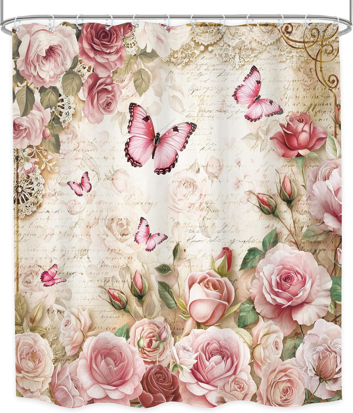 Rustic Pink Rose Butterfly Shower Curtain Bathroom Set 60Wx71H Inches Floral Peony Green Leaves Plant Text Background Bath Accessories Botanical Botany Art Home Decor Fabric 12 Pack Hooks