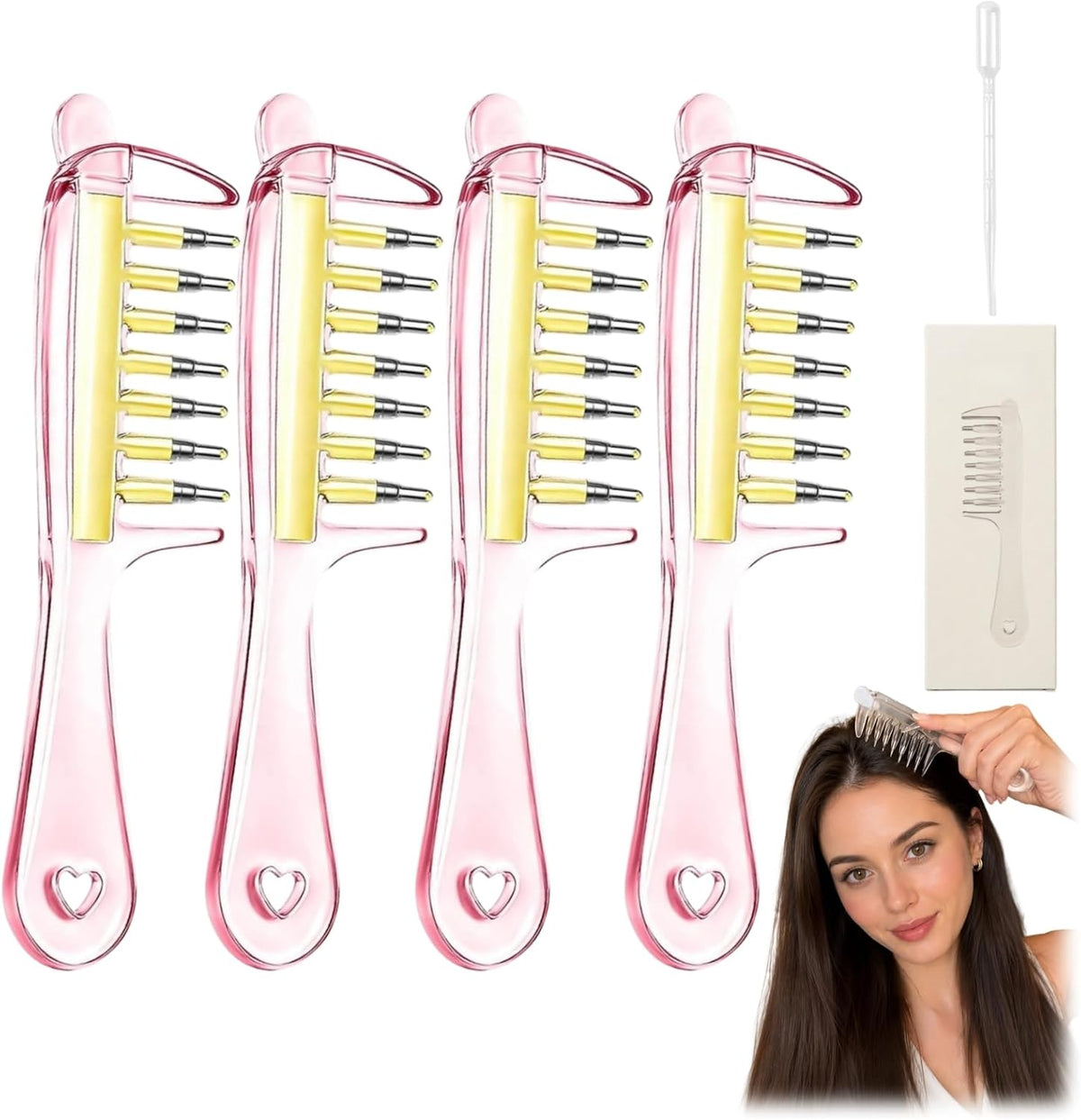 Refillable Scalp Oil Applicator Comb with 7 Metal Massage Tips,Pink-1PC
