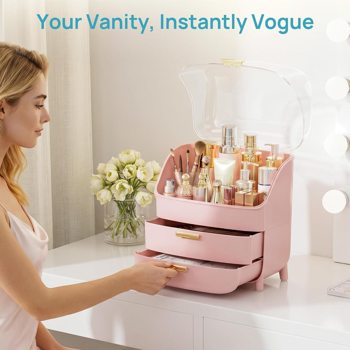 3-Tier Skincare Makeup Organizer with Lids, Pink