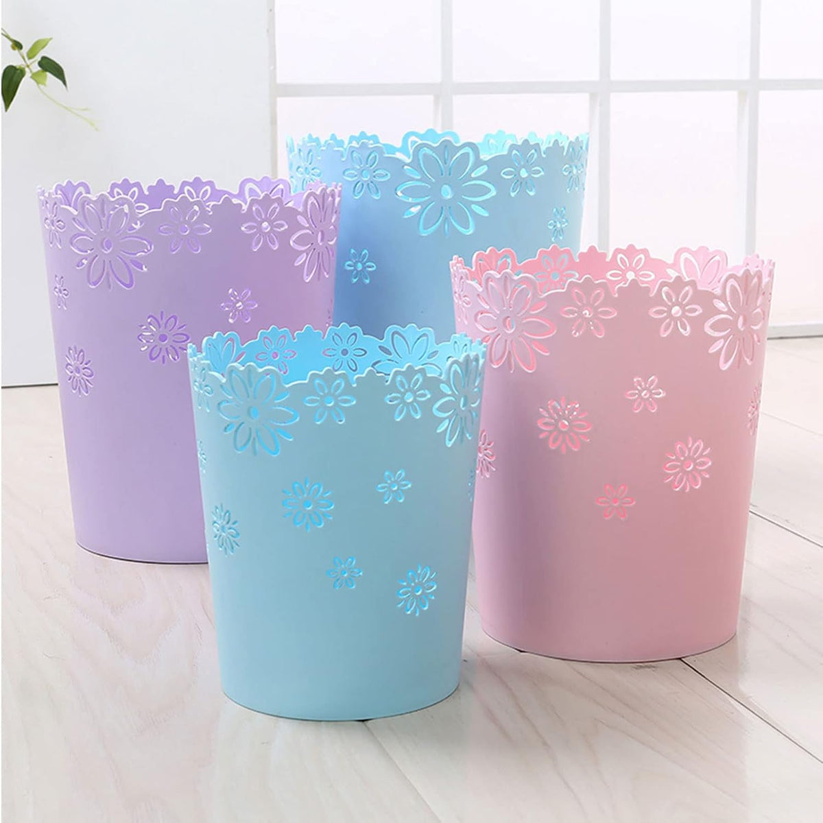 Wastebasket, Hollow Flower Shape Plastic Lidless Wastepaper Baskets Trash Can - M - Pink