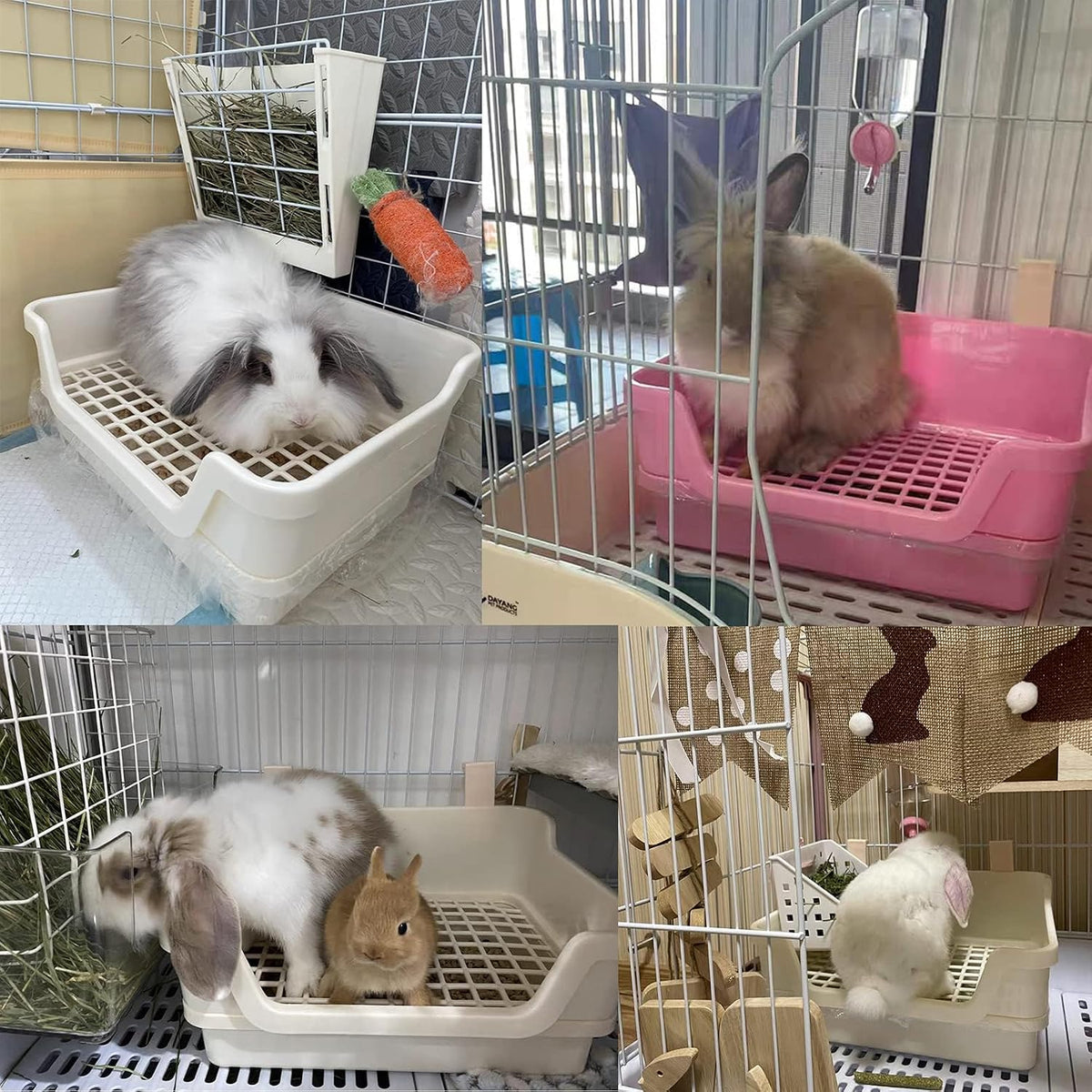 Large Rabbit Litter Box Deep Bunny Corner Toilet Box Double-Deck Small Animal Potty Trainer with Hooks for Adult Guinea Pig Chinchilla Ferret Chipmunk (Pink)