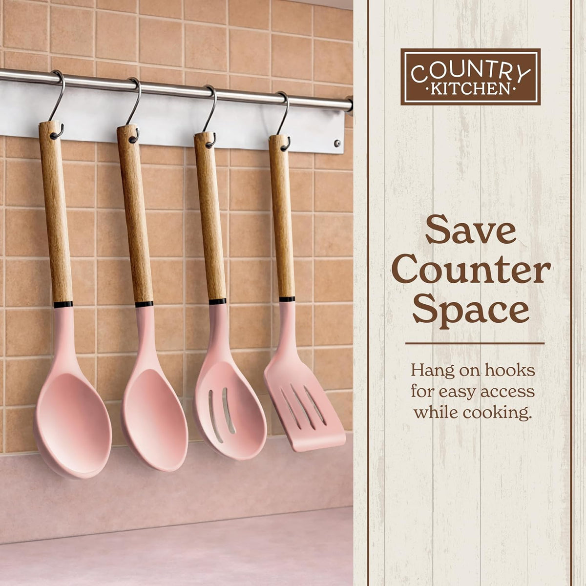 Non Stick Silicone Utensil Set with Rounded Wood Handles for Cooking and Baking, 8 Piece Set, Pink