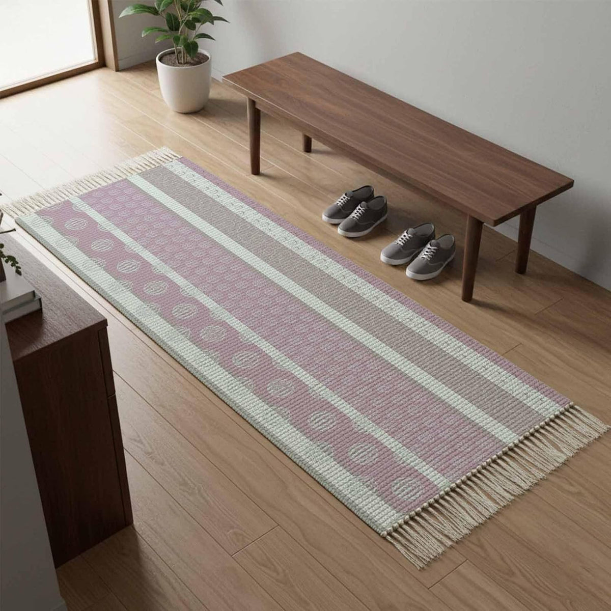 Farm Fruits Kitchen Runner Rug 2'x6' Bedside Rug with Tassels Washable Woven Area Rugs Watermelon Lemons Peach Pink Grey Striped Hallway Rugs Indoor Throw Carpet for Bathroom Bedroom Living Room