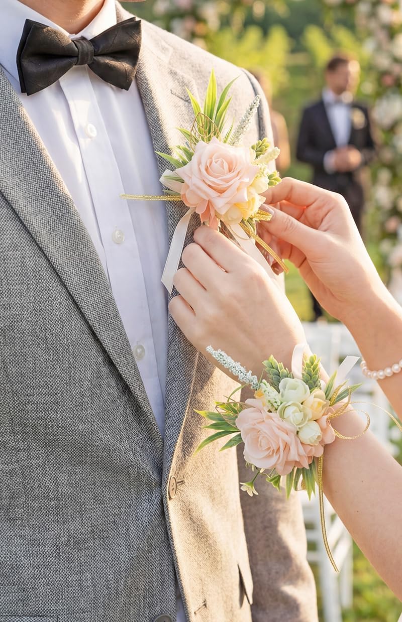 2Pcs Blush Pink Wrist Corsage and Boutonniere Set for Prom Wedding