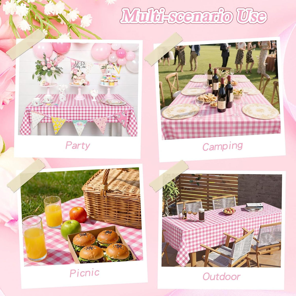 12Pack Pink and White Disposable Plastic Checkered Tablecloth, 54x108 Inch