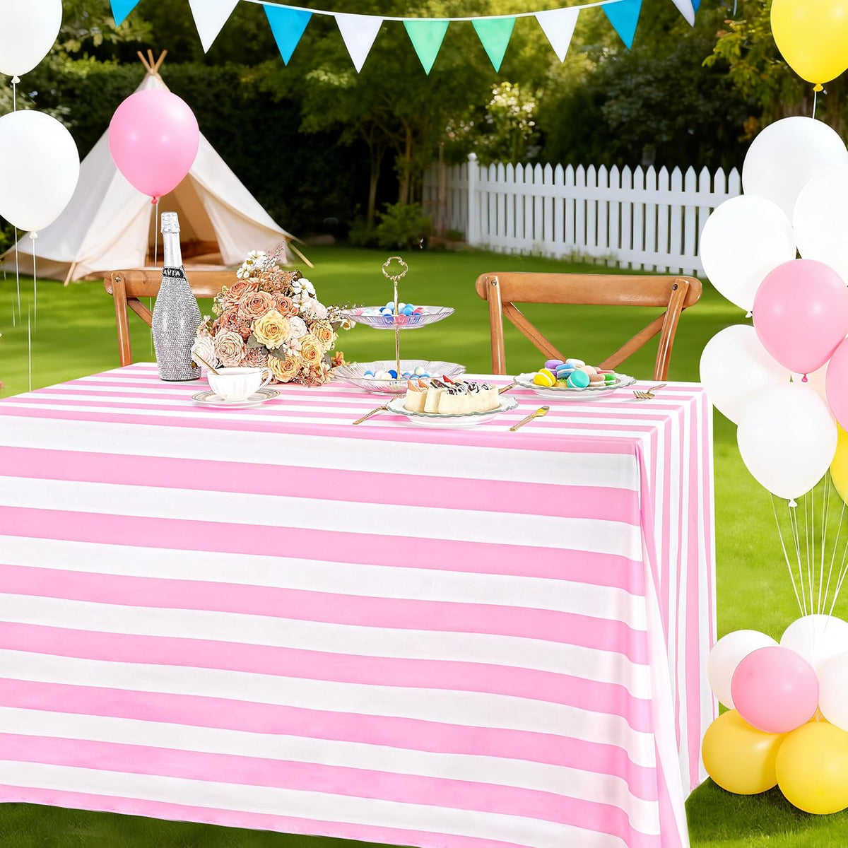 Pink and White Striped Rectangle Tablecloth 57x120 Inch Valentine Decor